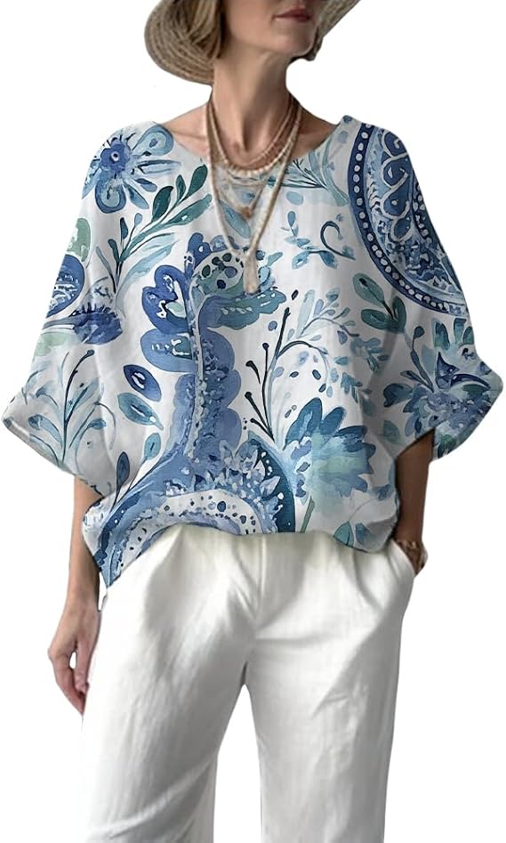 Floral Printed Boho Crew neck 3/4 Sleeve Blouse