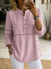 Hollow Eyelet Stand Collar Linen Henley Long Sleeve Blouse