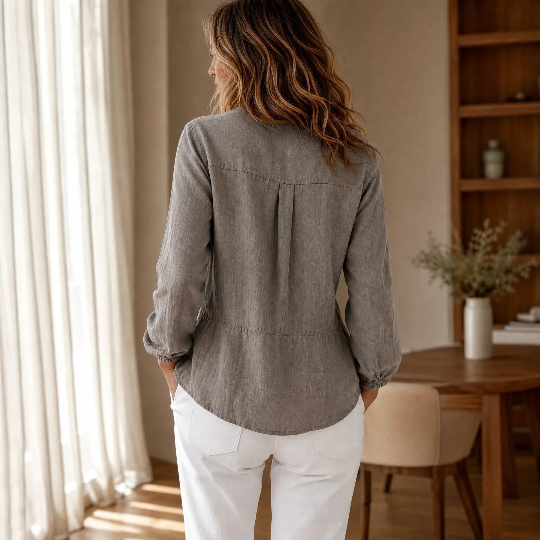 Pintuck Peplum Button Long Sleeve Blouse