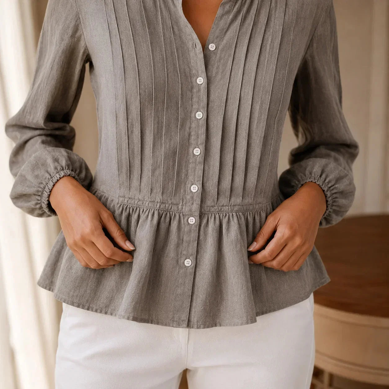 Pintuck Peplum Button Long Sleeve Blouse