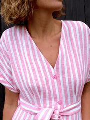 Women's Casual Retro Striped V?Neck Loose Casual Dress
