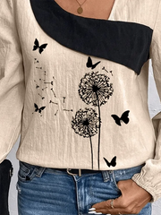 Women's Casual Cotton Linen Loose Lapel Irregular Dandelion Shirt