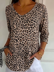 Casual Leopard V Neck Three Quarter Sleeve T-shirt