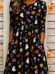 Women Floral Summer Dress Crew Neck Half Sleeve T-Shirt Dress A-Line Dress