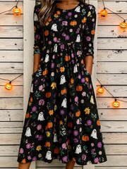 Women Floral Summer Dress Crew Neck Half Sleeve T-Shirt Dress A-Line Dress