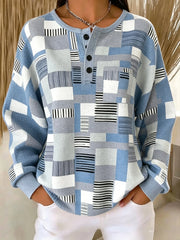 Casual Simple Geometric Henley Collar Long Sleeve Sweatshirt