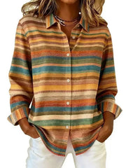 Women Casual Abstract Stripes Vintage Shirt Shirt Collar Long Sleeve Printing Top