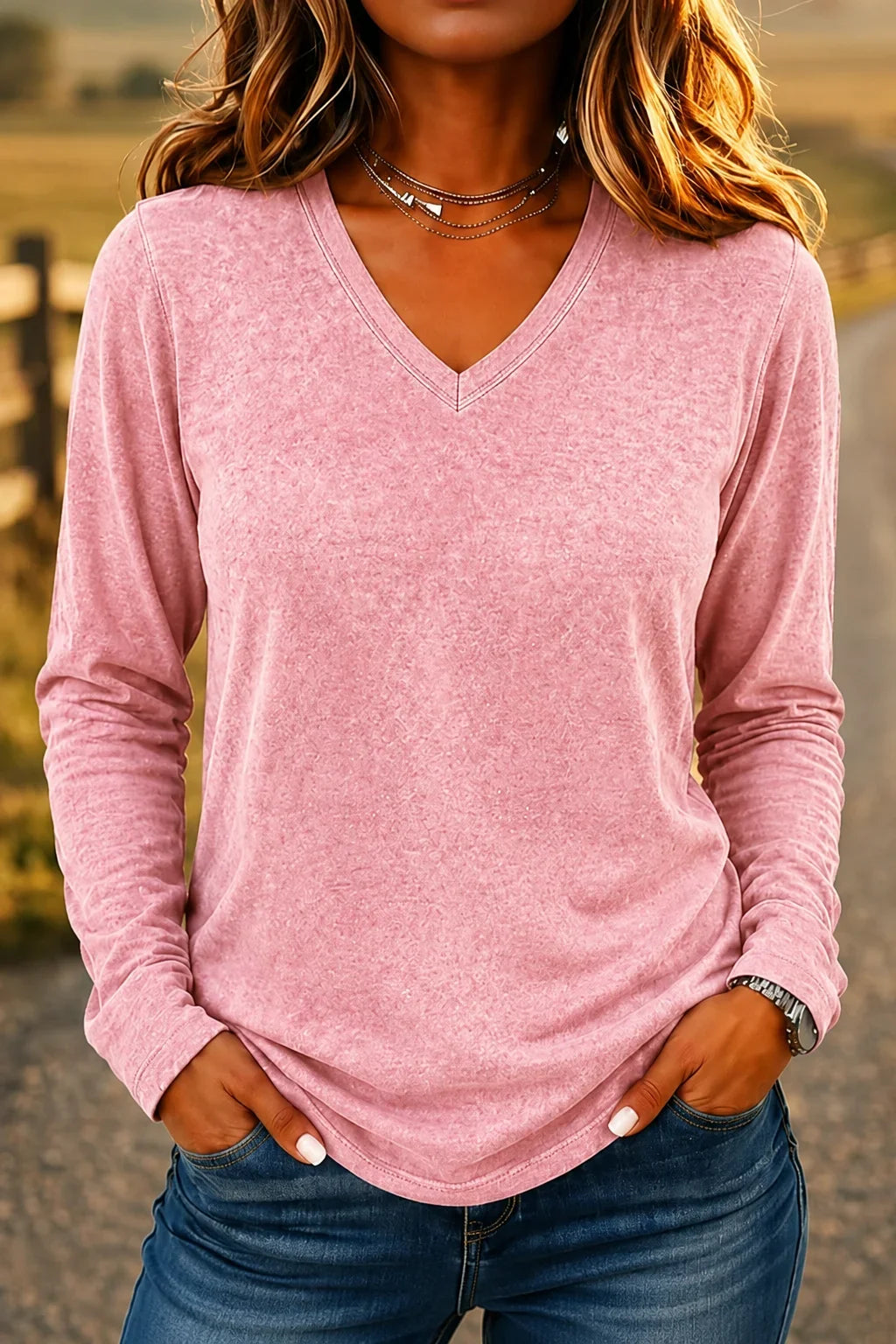 Casual Simple Plain V Neck Long Sleeve T-shirt