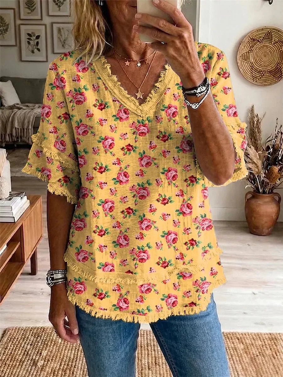 Vintage Ethnic Flowers Women's Art Casual Patchwork V Collar Shirt