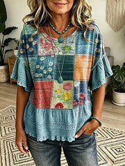 Women's Retro Colorful Patchwork Art Print Casual Crew-Neck Short-Sleeve Shirt