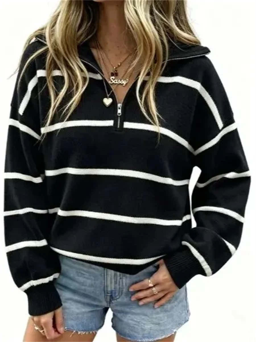 Women's Casual Oversized Zip Front Striped Long Sleeve Top