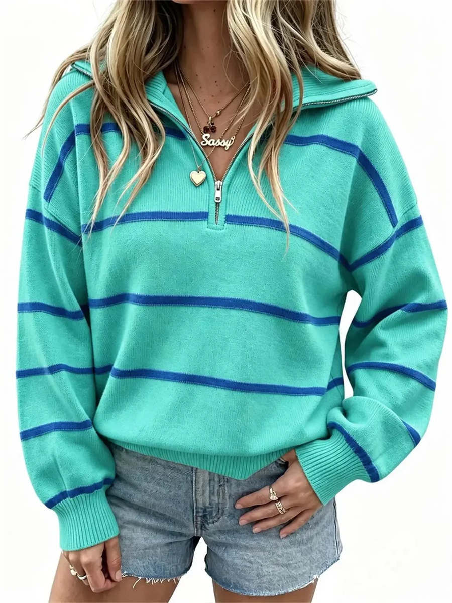 Women's Casual Oversized Zip Front Striped Long Sleeve Top