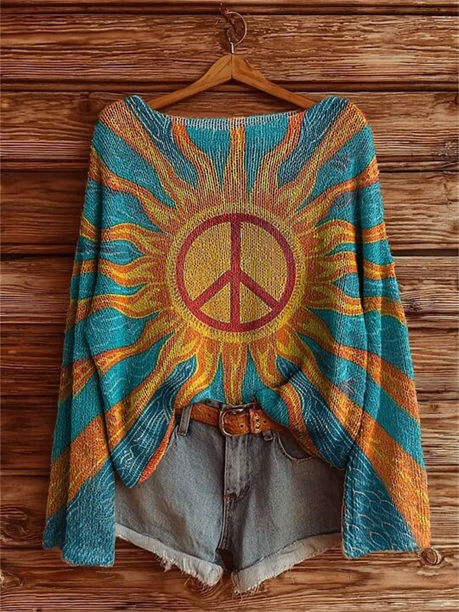 Vintage Sun Abstract Hippie Art Women's Casual Pullover Sweater