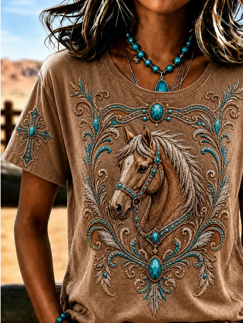 Casual Horse Crew Neck Short Sleeve T-shirt