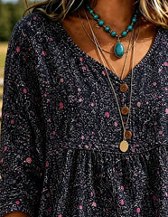 Women Ditsy Floral Vintage Blouse V Neck Three Quarter Sleeve Top