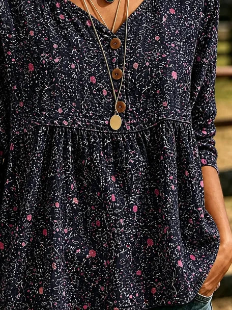 Women Ditsy Floral Vintage Blouse V Neck Three Quarter Sleeve Top