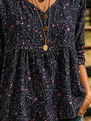 Women Ditsy Floral Vintage Blouse V Neck Three Quarter Sleeve Top