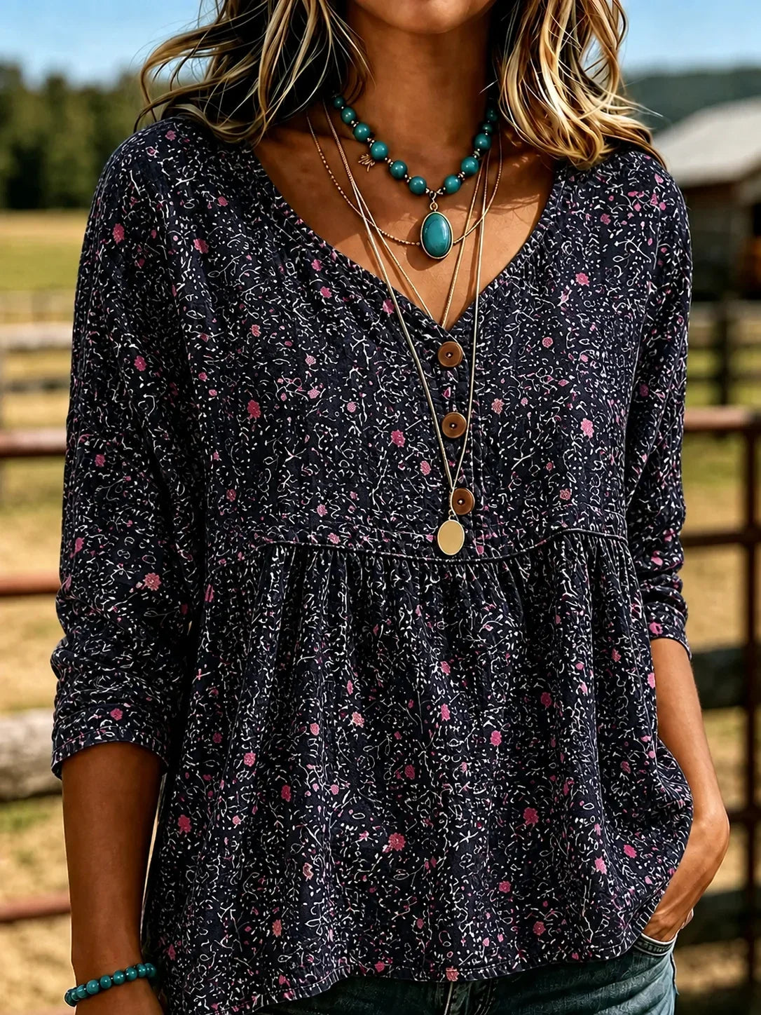 Women Ditsy Floral Vintage Blouse V Neck Three Quarter Sleeve Top