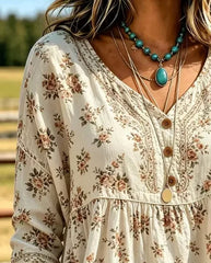 Women Floral Vintage Blouse V Neck Three Quarter Sleeve Top