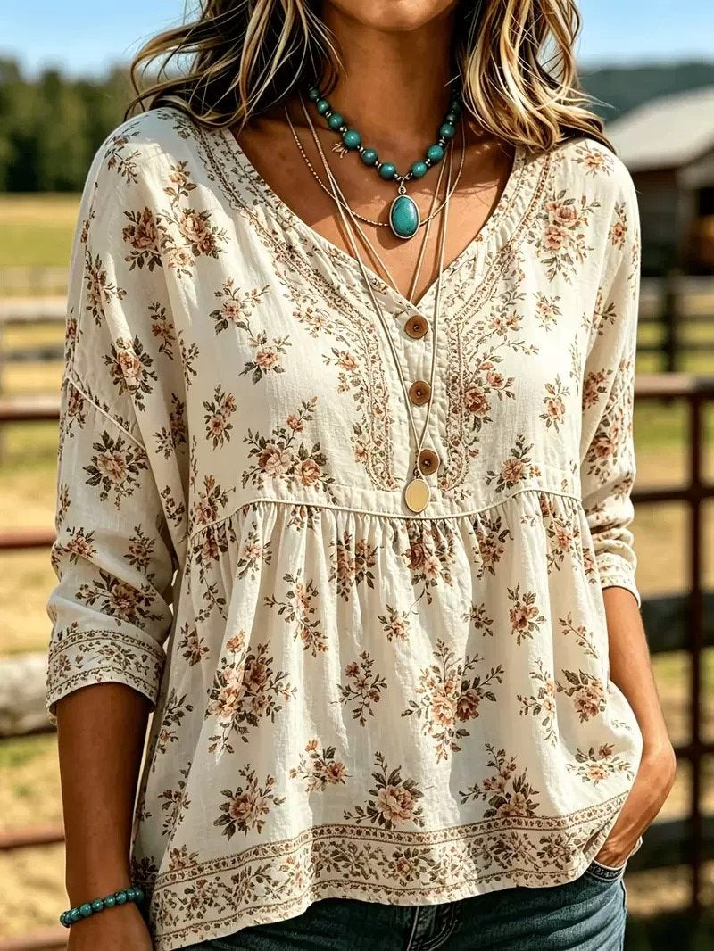 Women Floral Vintage Blouse V Neck Three Quarter Sleeve Top