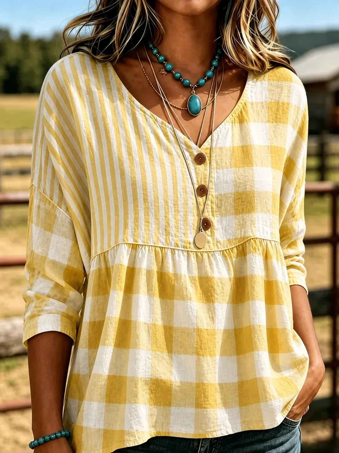 Women Striped Vintage Blouse V Neck Three Quarter Sleeve Top