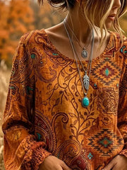 Women Ethnic Vintage Blouse Crew Neck Long Sleeve Printing Top