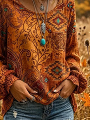 Women Ethnic Vintage Blouse Crew Neck Long Sleeve Printing Top