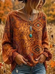 Women Ethnic Vintage Blouse Crew Neck Long Sleeve Printing Top