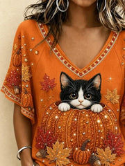 Casual Cat V Neck Short Sleeve T-shirt