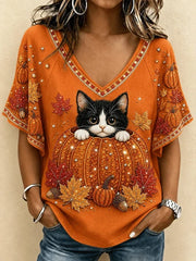 Casual Cat V Neck Short Sleeve T-shirt