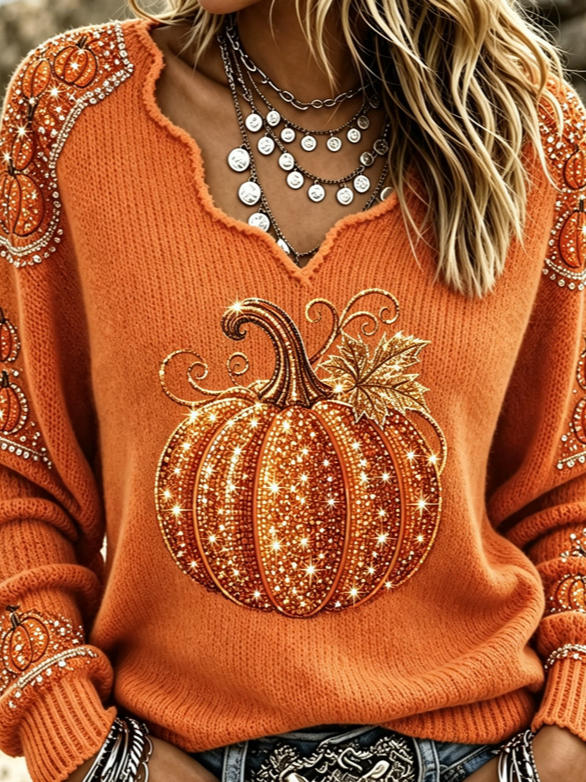 Vintage Pumpkin Pattern V Neck Long Sleeve T-shirt