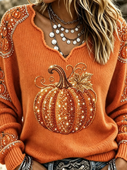 Vintage Pumpkin Pattern V Neck Long Sleeve T-shirt