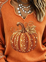 Vintage Pumpkin Pattern V Neck Long Sleeve T-shirt