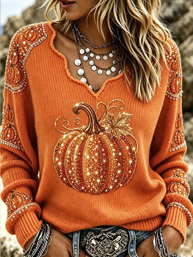 Vintage Pumpkin Pattern V Neck Long Sleeve T-shirt