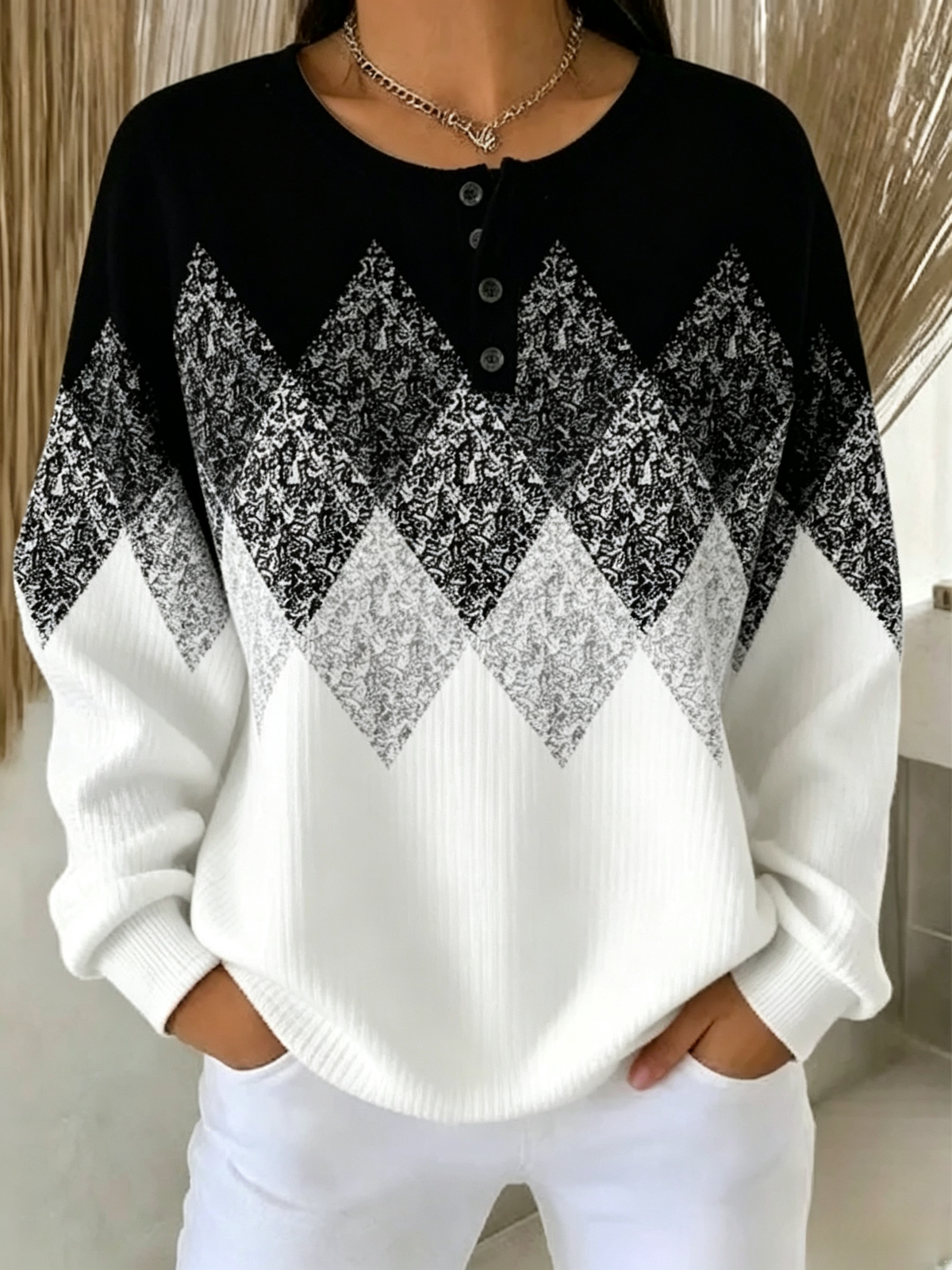 Casual Geometric Henley Collar Long Sleeve Sweatshirt