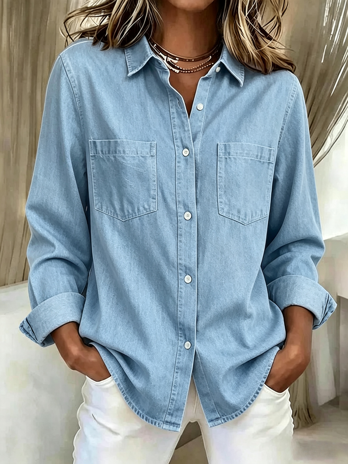 Women Plain Casual Shirt Shawl Collar Long Sleeve Top