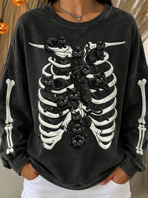 Casual Cat Crew Neck Long Sleeve Sweatshirt
