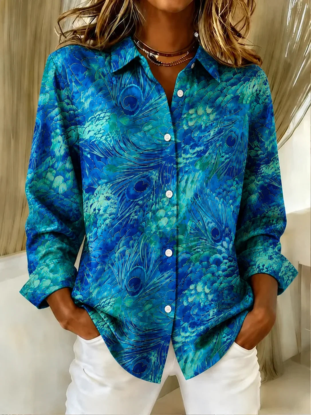 Women Random Print Casual Vintage Shirt Shirt Collar Long Sleeve Top