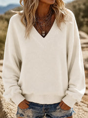 Casual Simple Plain V Neck Long Sleeve Sweatshirt