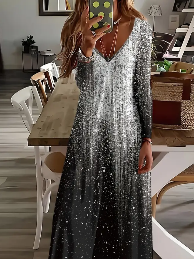 Women Casual Abstract Spring/Fall Printing Dress V Neck Long Sleeve H-Line Dress