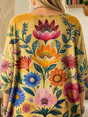 Ethnicity Retro Flowers Totem Women's Art Print Casual 3/4 Sleeve Cotton Top