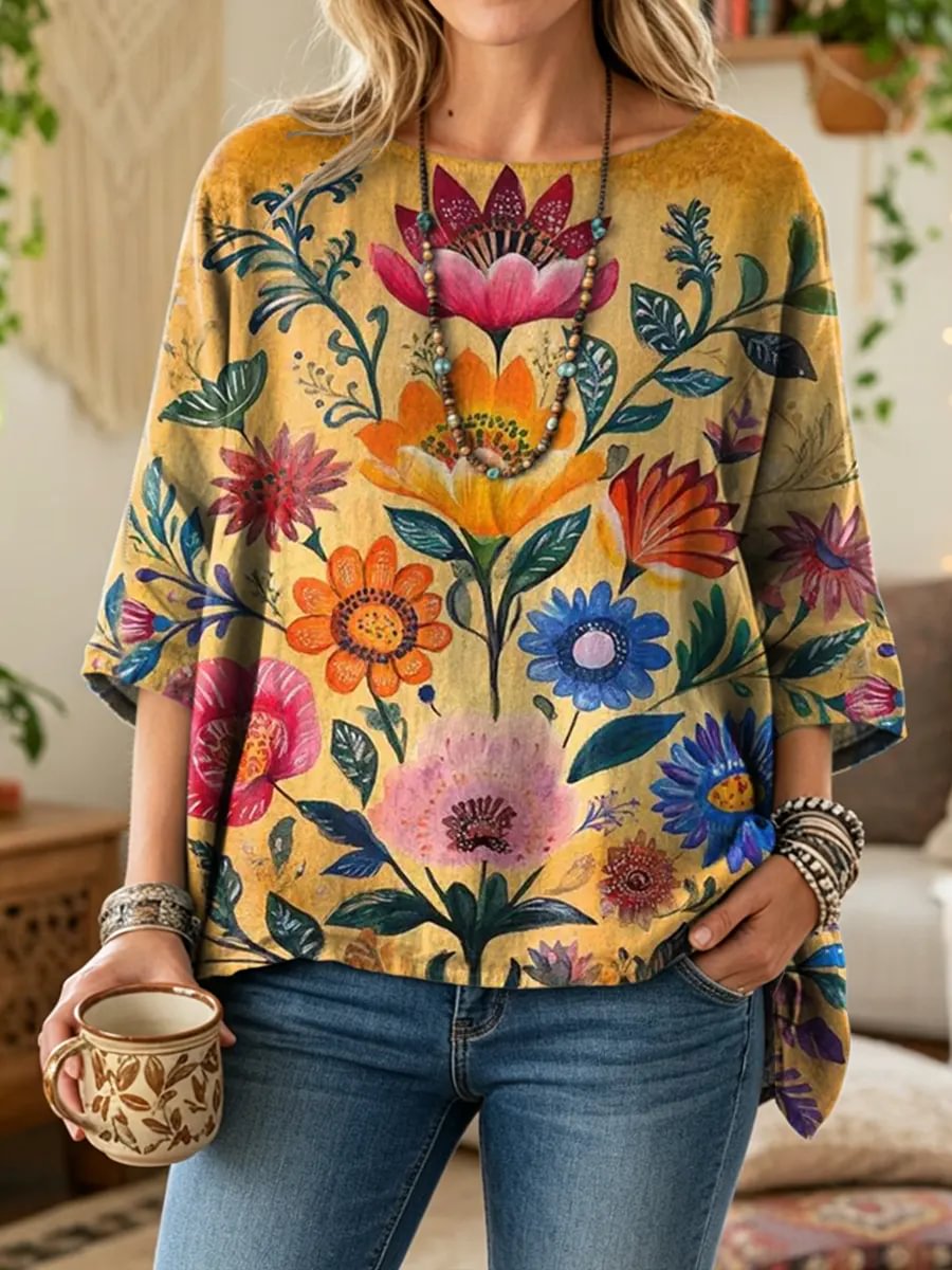 Ethnicity Retro Flowers Totem Women's Art Print Casual 3/4 Sleeve Cotton Top