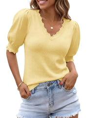 Women's Versatile Puff Sleeve Ruffle Trim Knit Blouse