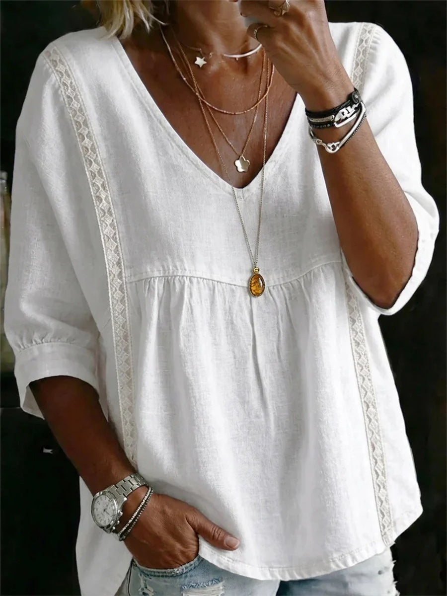 Women's V Neck 3/4 Sleeve Lace Trim Babydoll Blouse