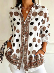 Women's Vintage-style Long-sleeve Casual Shirt With Totem And Polka Dot Print