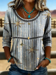 Women's Vintage Print Casual Hollow Denim Shirt