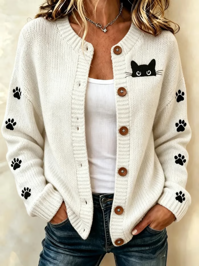 Women Cat Long Sleeve Comfy Vintage Printing Cardigan
