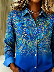 Women Peacock Casual Shirt Shirt Collar Long Sleeve Buckle Top