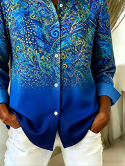 Women Peacock Casual Shirt Shirt Collar Long Sleeve Buckle Top