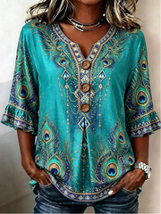 Women Floral Casual Blouse V Neck Half Sleeve Top